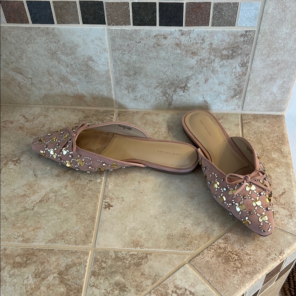 Glitz  Suede Mule Slide Flat Natural with Gold and Silver Accents
